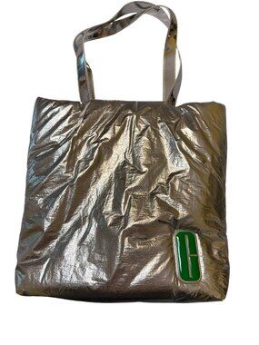 Clinique Silver Metallic Puffer Style Tote Green Interior Snap Closure NWOT